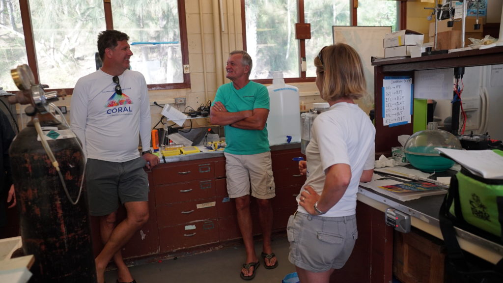 Eric Hochberg (BIOS), Bob Carpenter (CSUN) and Yvonne Sawall (BIOS) hold a team meeting before heading out to the field. Credit: NASA/James Round