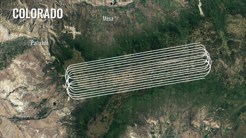 The SnowEx aircraft fly in "lines" above field sites set up on Grand Mesa, Colorado. Here, a satellite image of Grand Mesa in summer shows the topography with the flight lines superimposed on top. Credit: NASA/ Joy Ng 