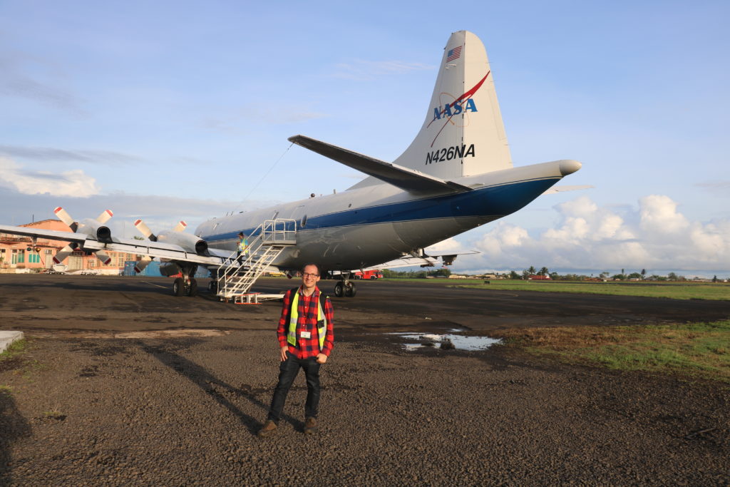 Image 1: Michael Diamond in front of the P-3 at São Tomé International Airport before the October 10th, 2018, ORACLES flight. Photo credit: Rob Wood