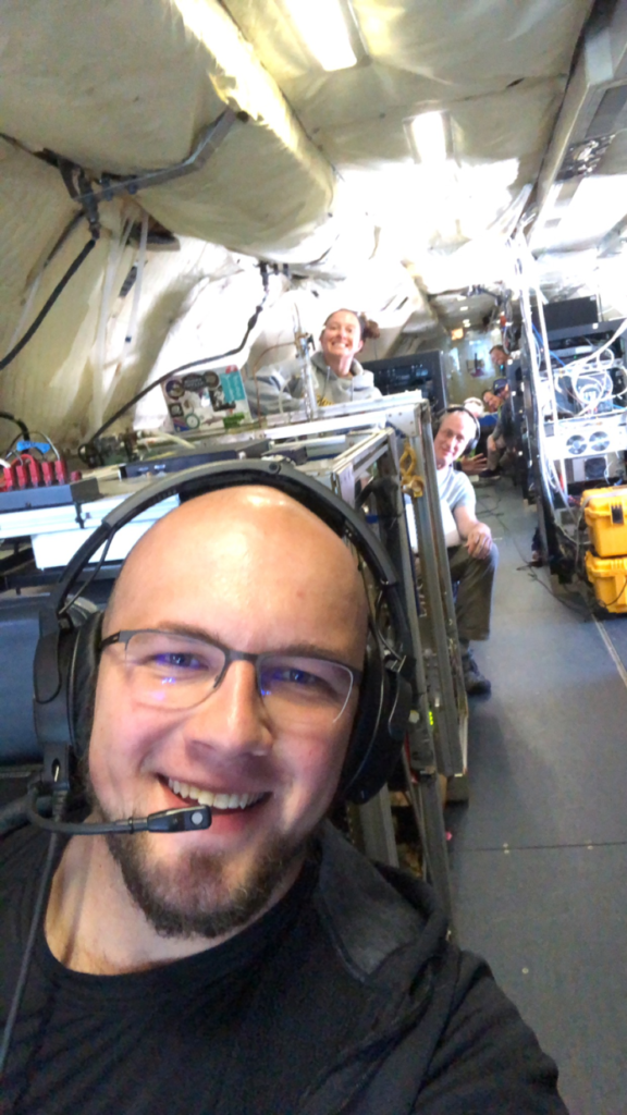 Group picture of some of the science crew from the transit between Sal, Cabo Verde to Sao Tome: Andrew Dzambo (front), Amie Dobracki (middle-left), Art Sedlacek (middle-right), David Harper (back-top), Sam LeBlanc (back-middle), and Tony Cook (back-bottom). Photo Credit: Andrew Dzambo