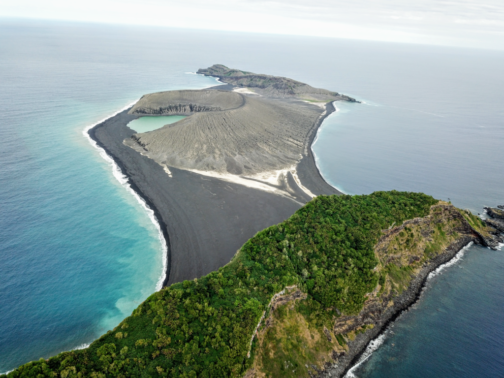 The three year-old volcanic island (black) as seen from the SEA drone. Credit: Woods Hole