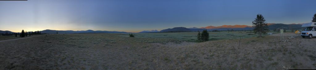 Our campsite near Stanley, Idaho, was in the middle of a long and wide valley, framed by mountains. July 24, 2019. Credit: NASA