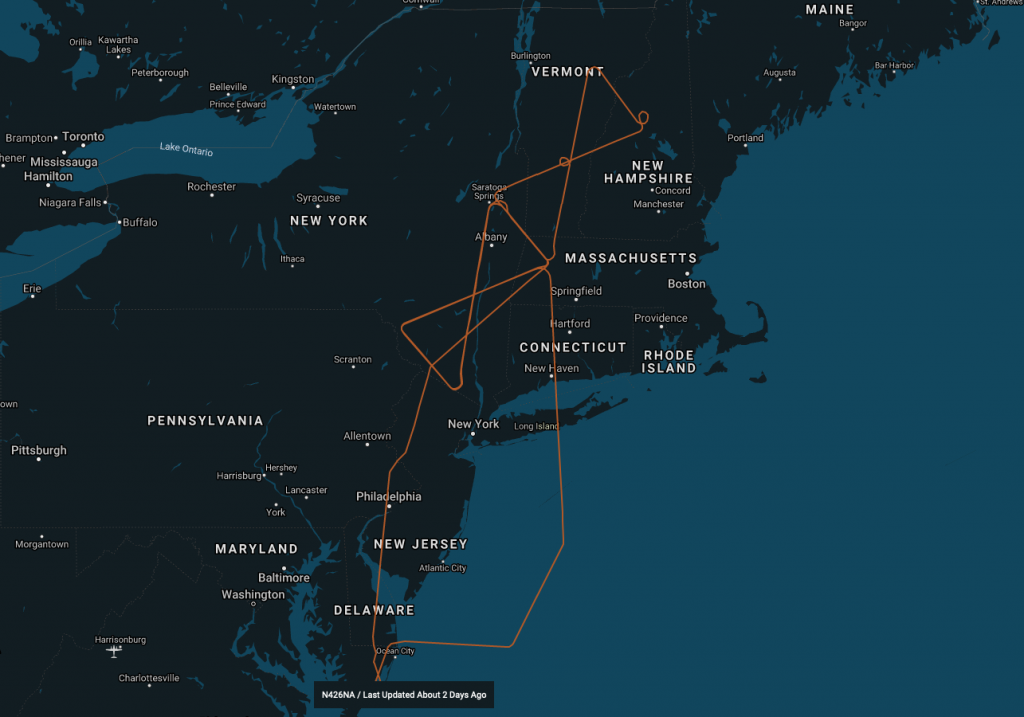 The P-3 flight path is shown in orange. We started out northbound over the ocean and then did the New York bowtie twice, then the Vermont bowtie once before flying home south over Philadelphia. Credit: NASA