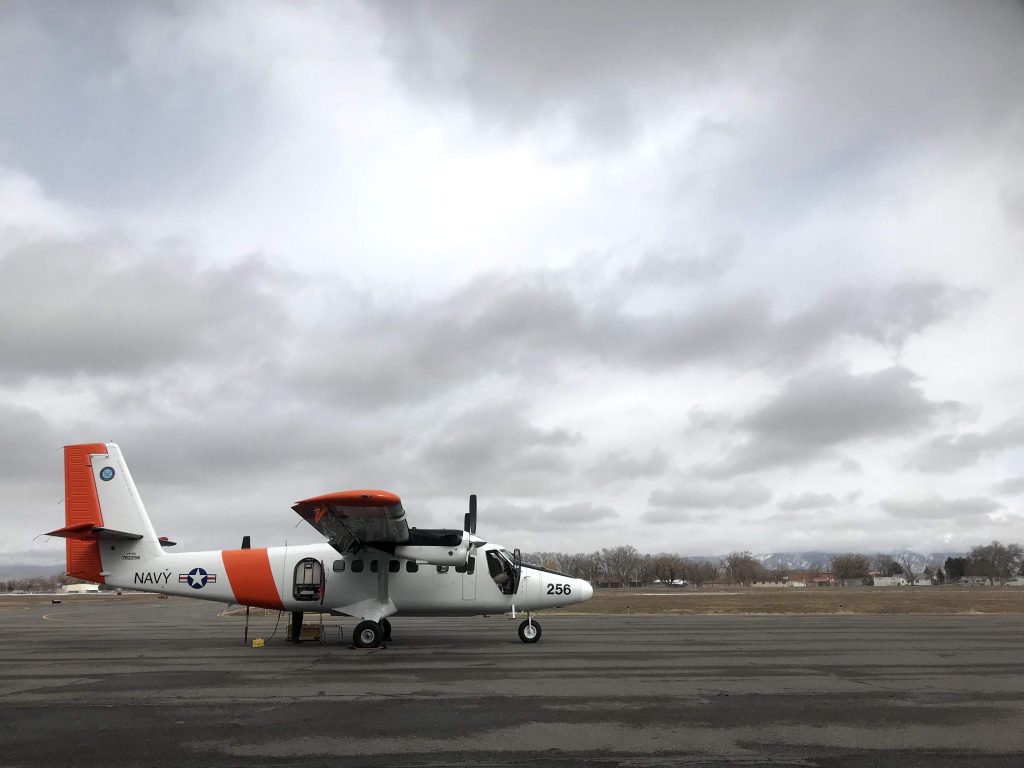 The DHC-6 Twin Otter carrying the SWESARR and CASIE instruments was grounded in the morning due to high winds, but took off late in the afternoon for one flight over the mesa. Credit: NASA / Jessica Merzdorf