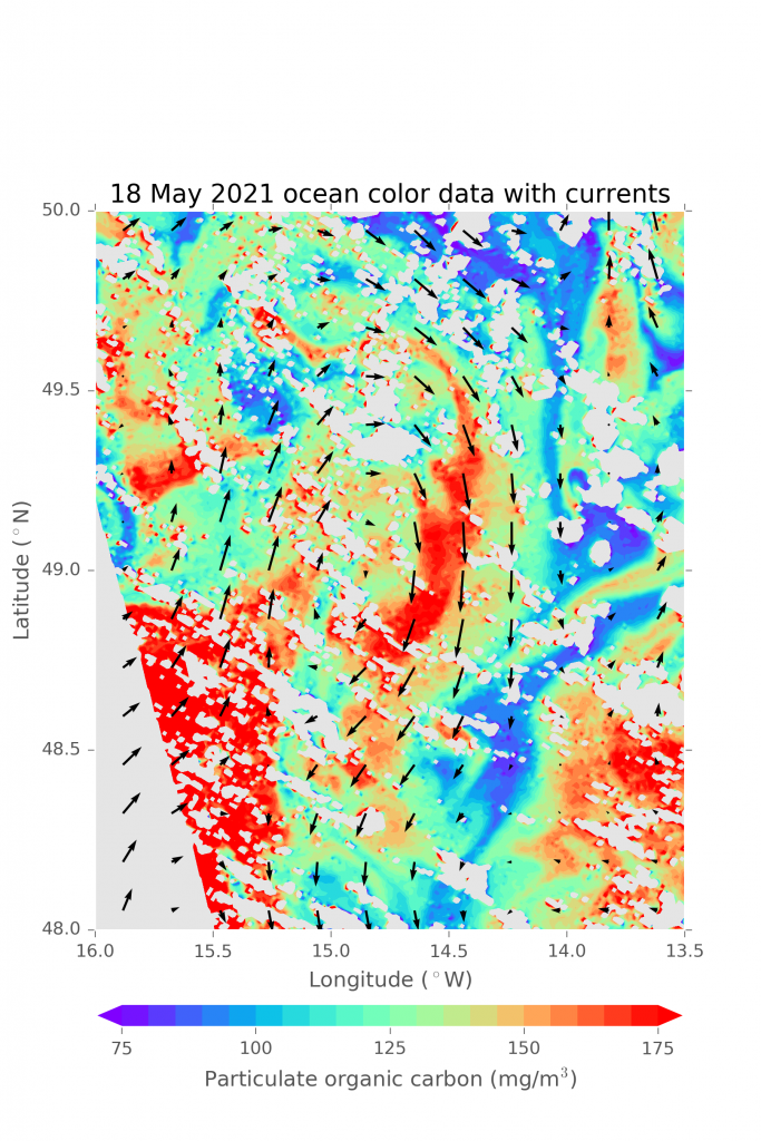  On a clear day, we got this fantastic satellite image of high biomass waters (red colors) moving around the eastern edge of our eddy. Arrows show the direction of the currents implied from sea surface height data.