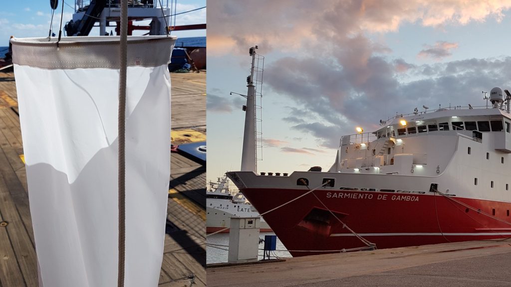 Plankton net with 20 meter mesh size on the deck of the Sarmiento de Gamboa ship.