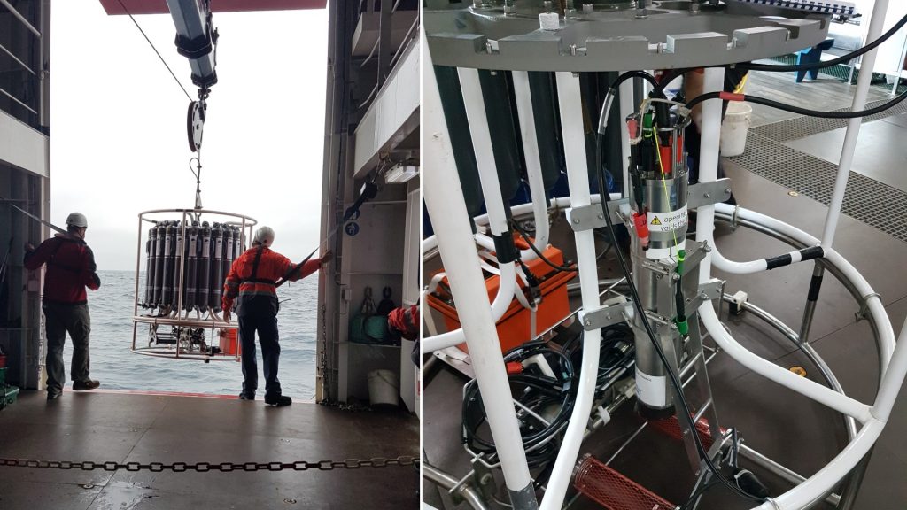 Deployment of the CTD frame containing the UVP5 and Niskin bottles. Credit: Laetitia Drago