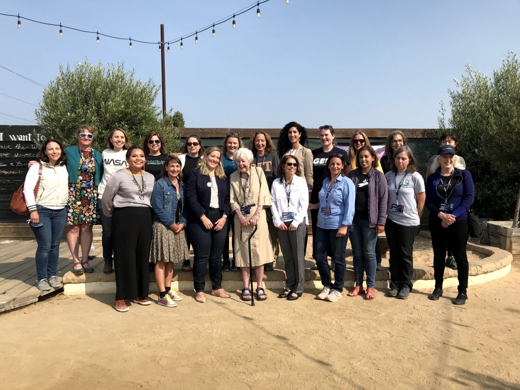 Virginia T. Norwood (center, with cane), the “Mother of Landsat,” poses with the “Ladies of Landsat” group at a post-launch talk and celebration at Montemar Wines, Lompoc, California, on September 27th. Credit: NASA / Jessica Evans