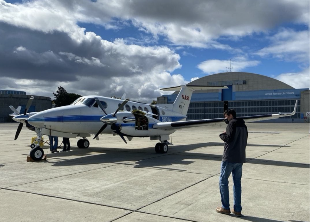 NASA King Air B200 aircraft on arrival at Ames Research Center carrying DopplerScatt and MOSES instruments. Credit: Erin Czech / NASA Ames Research Center.