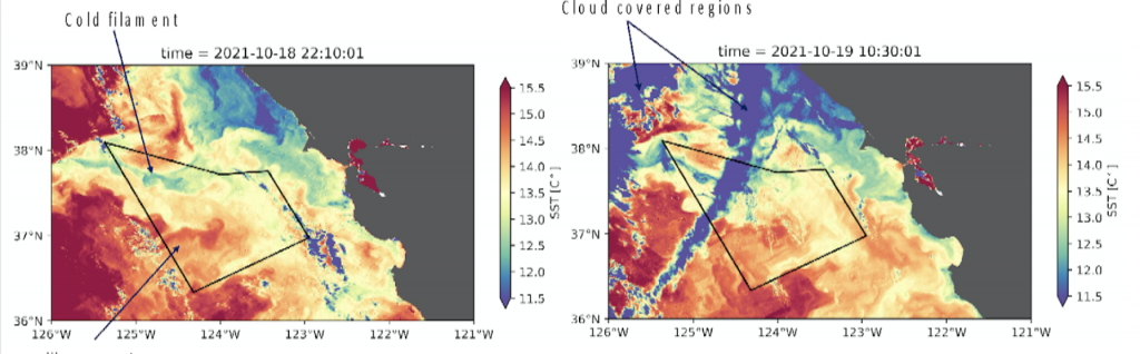 Sea surface temperature images from the Visible Infrared Imaging Radiometer Suite (VIIRS) instrument show a warm water intrusion propagating into the S-MODE area (black polygon) from the western boundary and a cold water filament propagating into the S-MODE area from the northwestern boundary.  Left image obtained on October 18th 2021, right image corresponding to October 19th 2021. Credit: NASA