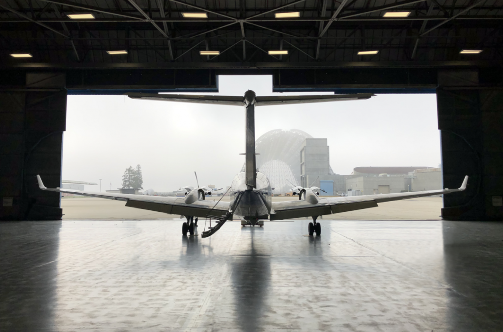 The NASA King Air B200 and the early morning fog at NASA Ames Research Center. 