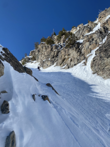 Megan Mason skiing the Elevator Shaft in the Idaho backcountry. 