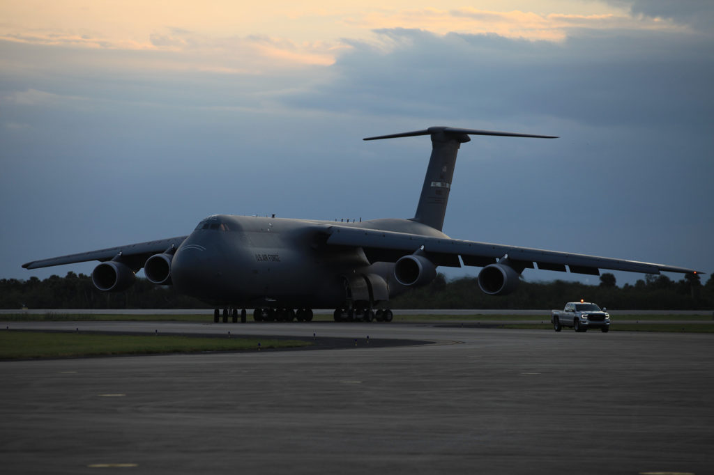 A C-5M transport aircraft arrives at the Shuttle Landing Facility at NASA's Kennedy Space Center in Florida, carrying the Geostationary Operation Environmental Satellite-S (GOES-S). The satellite will be offloaded and transported to the Astrotech Space Operations facility in Titusville, Florida. 