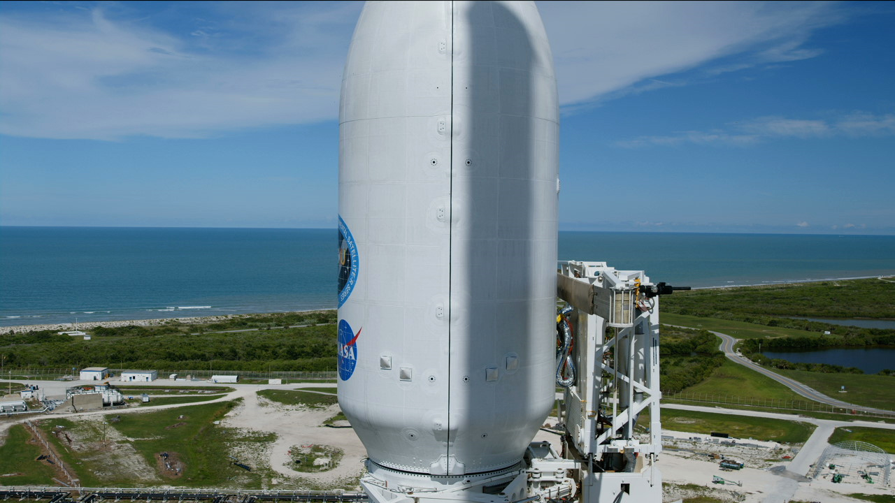 A SpaceX Falcon Heavy rocket carrying the National Oceanic and Atmospheric Administration (NOAA) GOES-U (Geostationary Operational Environmental Satellite U) stands vertical at Launch Complex 39A at NASA’s Kennedy Space Center in Florida on Tuesday, June 25, 2024.