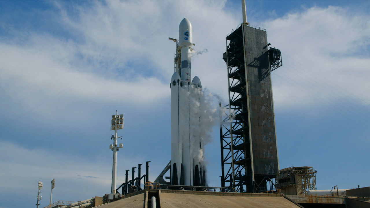 A SpaceX Falcon Heavy rocket carrying the National Oceanic and Atmospheric Administration (NOAA) GOES-U (Geostationary Operational Environmental Satellite U) stands vertical at Launch Complex 39A at NASA’s Kennedy Space Center in Florida on Tuesday, June 25, 2024. 