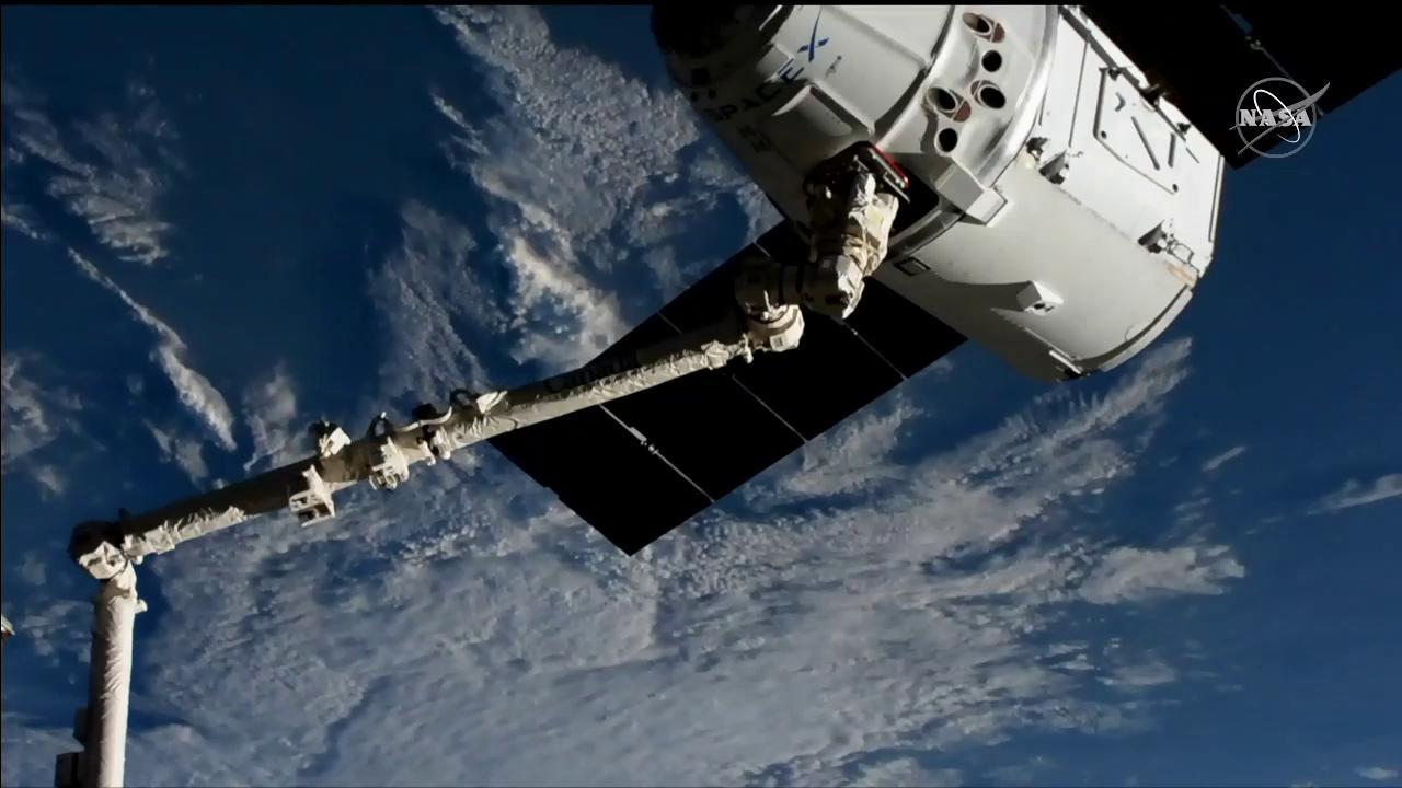 The SpaceX Dragon is in the grips of the Canadarm2 robotic arm