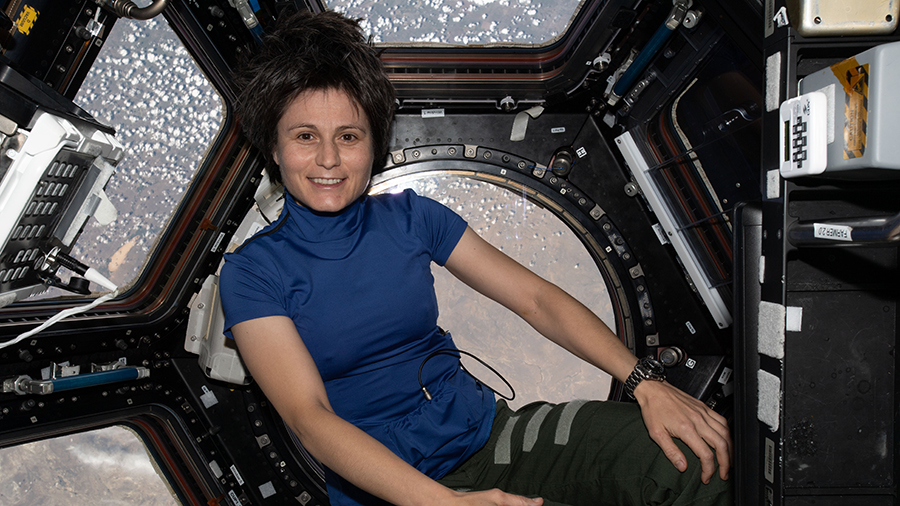 Astronaut Samantha Cristoforetti is pictured inside the seven-windowed cupola while orbiting 264 miles above Kazakhstan.