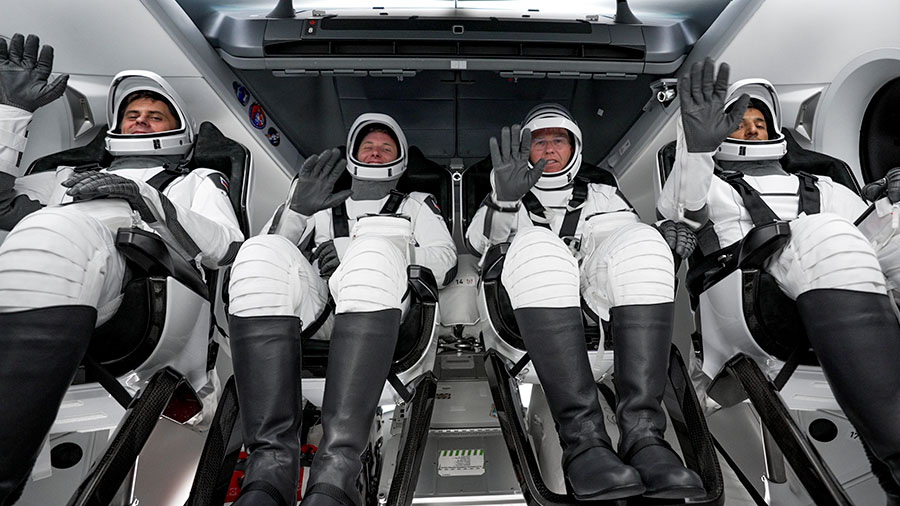 The four SpaceX Crew-6 members (from left) Andrey Fedyaev, Woody Hoburg, Stephen Bowen, and Sultan Alnedayi, are pictured inside the SpaceX Dragon Endeavour prior to launching in March. Credit: SpaceX