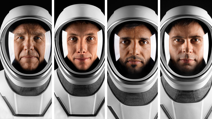 From left, are SpaceX Crew-6 Mission Specialist Andrey Fedyaev, Commander Stephen Bowen, Pilot Woody Hoburg, and Mission Specialist Sultan Alneyadi. Credit: SpaceX