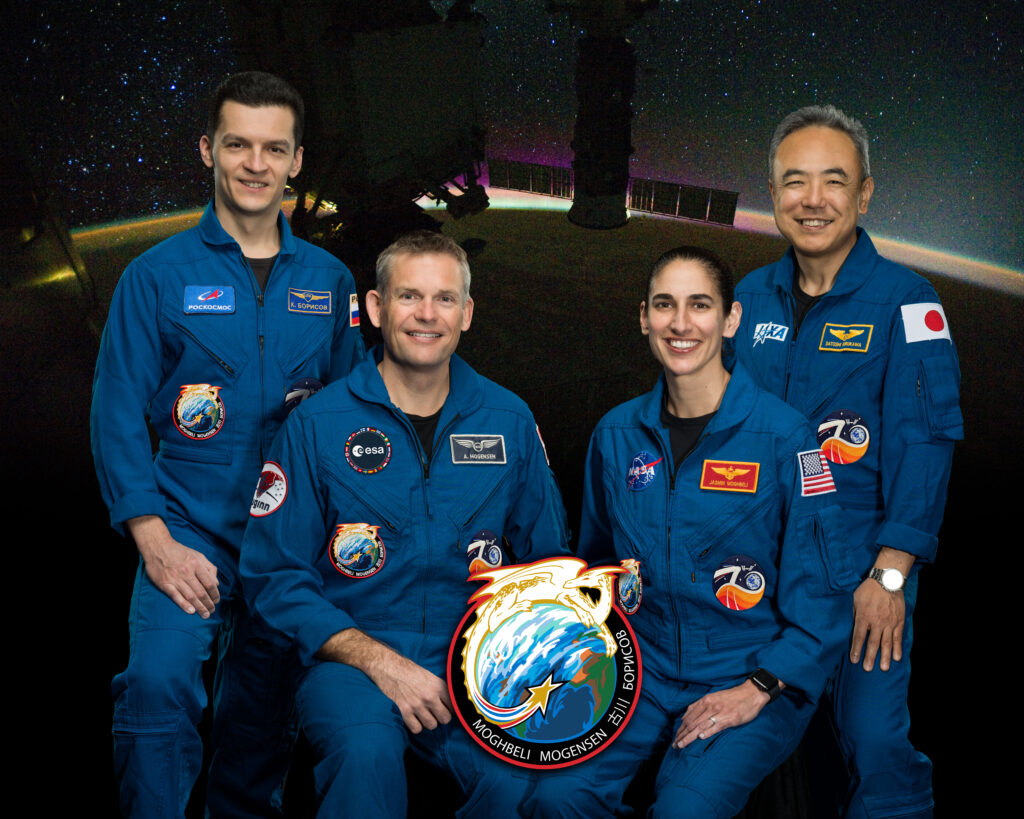 The official Crew-7 portrait. From left, Konstantin Borisov of Roscosmos, Andreas Mogensen of ESA, Jasmin Moghbeli of NASA and Satoshi Furukawa of JAXA.