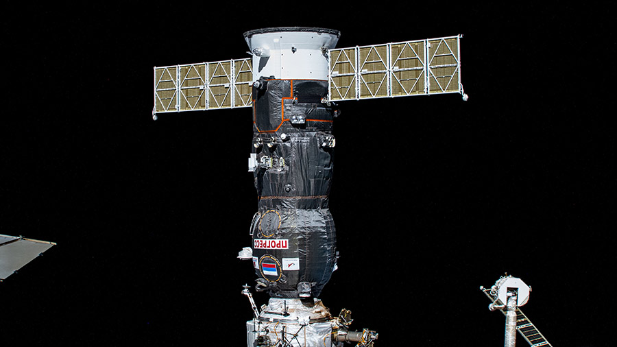 The Roscosmos Progress 84 cargo craft is pictured on May 26 docked to the Poisk module a couple of days after its arrival.