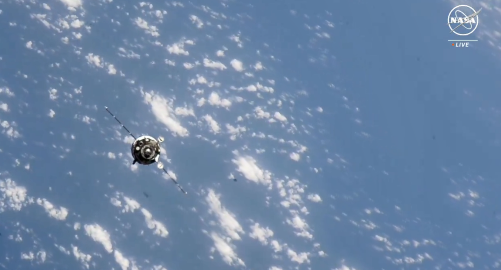 The Soyuz MS-25 spacecraft approaches the station for docking. Credit: NASA TV