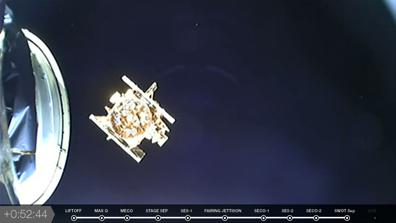 The Surface Water and Ocean Topography (SWOT) satellite separates from the SpaceX Falcon 9 rocket's second stage.