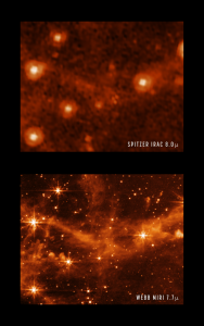 Here, a close-up of the MIRI image is compared to a past image of the same target taken with NASA’s Spitzer Space Telescope’s Infrared Array Camera (at 8.0 microns). The MIRI version on the right shows stars and interstellar gas in sharp detail.