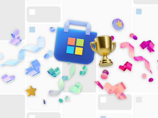 Microsoft Store shopping bag logo and trophy surrounded by ribbons