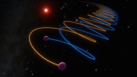 Artwork showing twin brown dwarfs in orbit around an M-dwarf star. The orbital lines are shown in orange and blue.