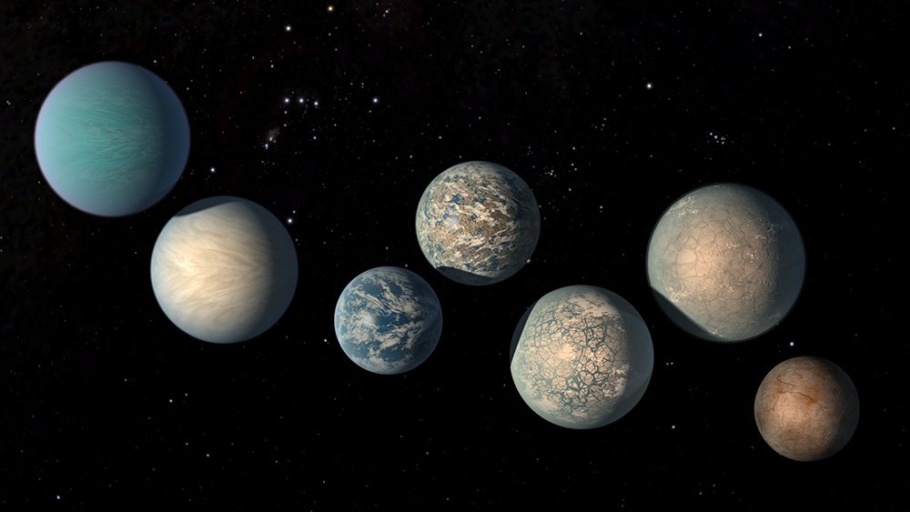 Illustration of seven TRAPPIST-1 planets 