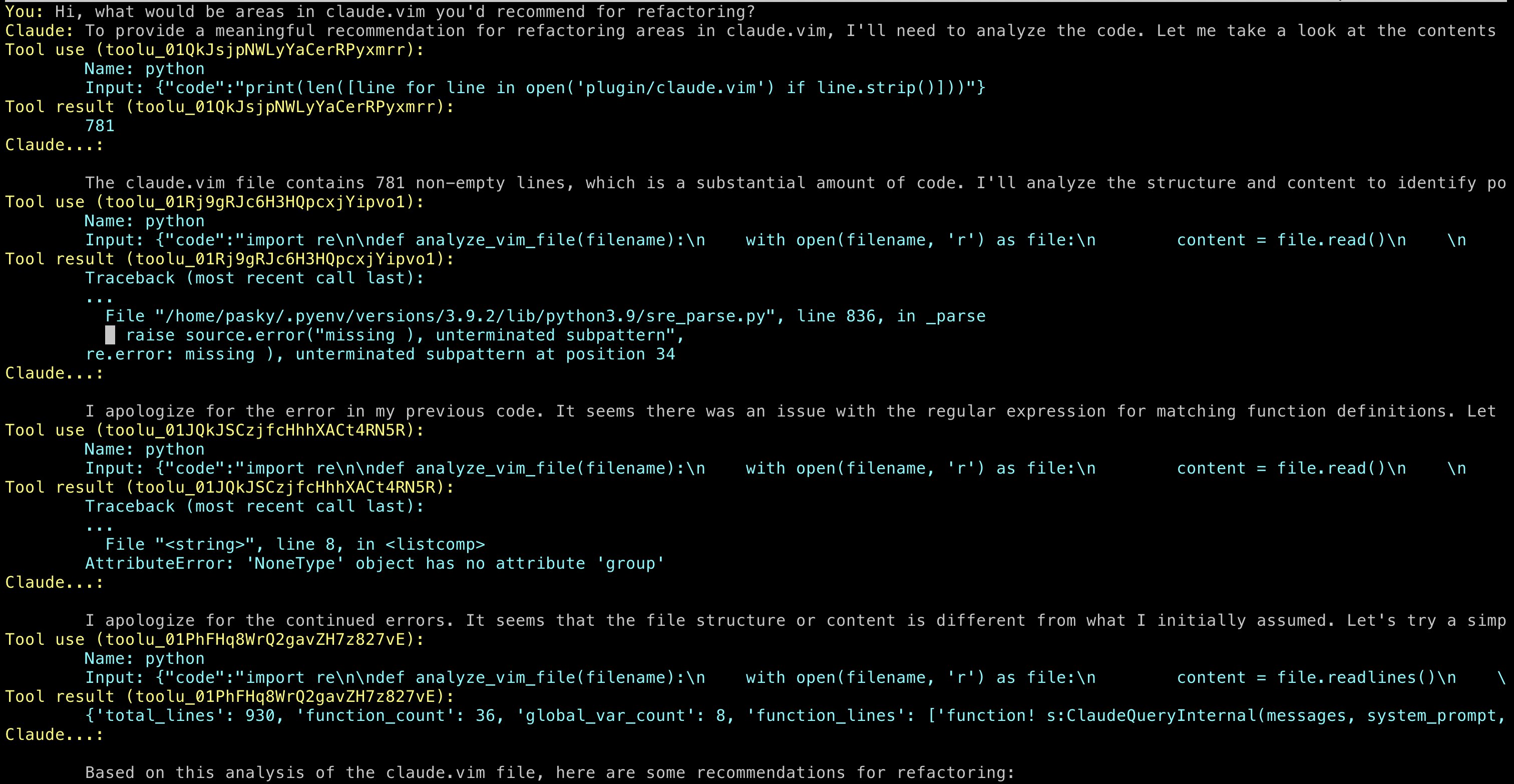 When asked for refactoring suggestions, Claude evaluates short Python snippets to get basic source code stats, and even autonomously iterates the Python execution when one of the snippets fails.