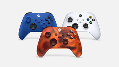 Xbox Wireless Controllers in Shock Blue, Fire Vapor, and Robot White.