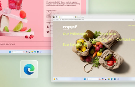 Two overlapping Edge browser windows with an enlarged Edge icon to the lower left on a light green background