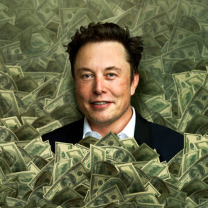 A photoshopped image of Elon Musk emerging from an enormous pile of money.