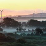 Wind turbines loom over a foggy forest.