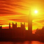 A red-orange sky over the Houses of Parliament.