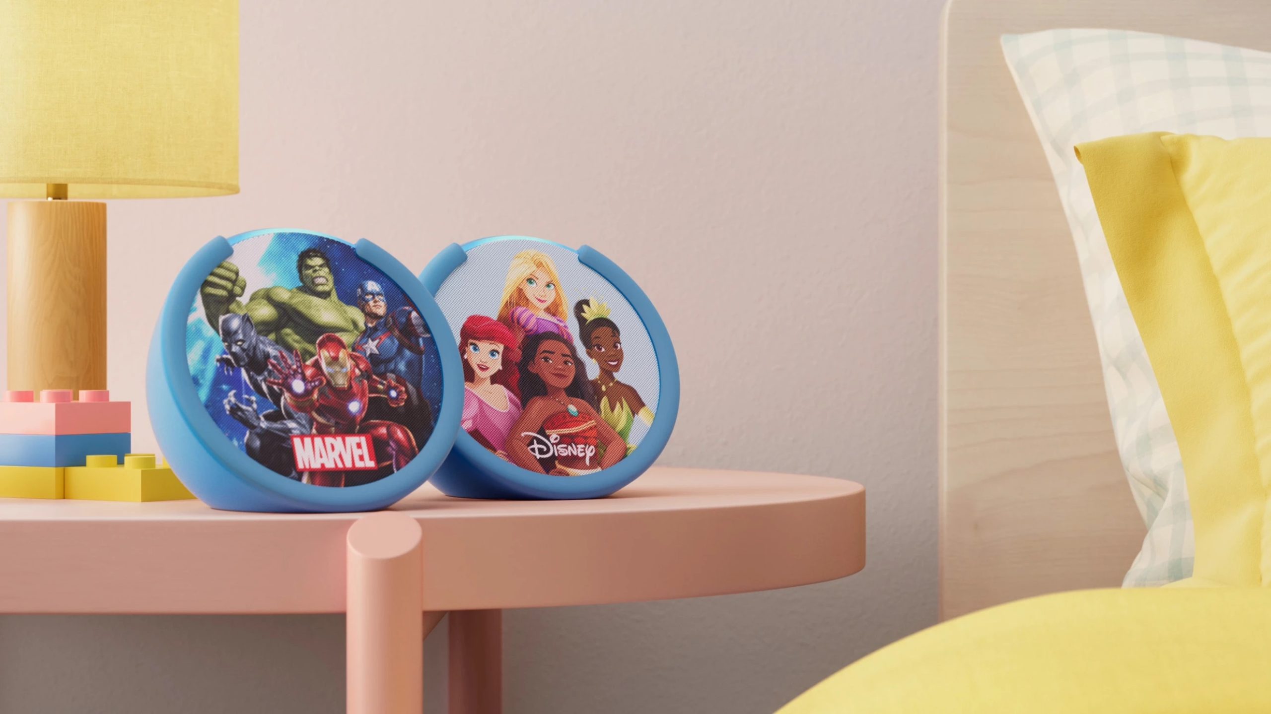 Echo Pop Kids smart speaker with Marvel's Avengers theme (left) and Disney Princess theme (right)