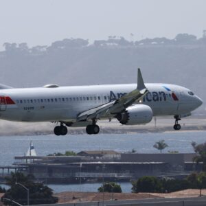 An American Airlines plane just before making a landing with a body of water in the background