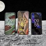 Three Pixel 9 phones, but with the background set to an AI-generated moonscape, with another moon visible in the background.