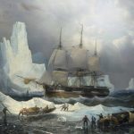 Oil painting by Belgian marine artist François Etienne Musin depicting tje HMS Erebus surrounded by iceberg. In the foreground the ship’s crew are busy moving smaller crafts across the ice.