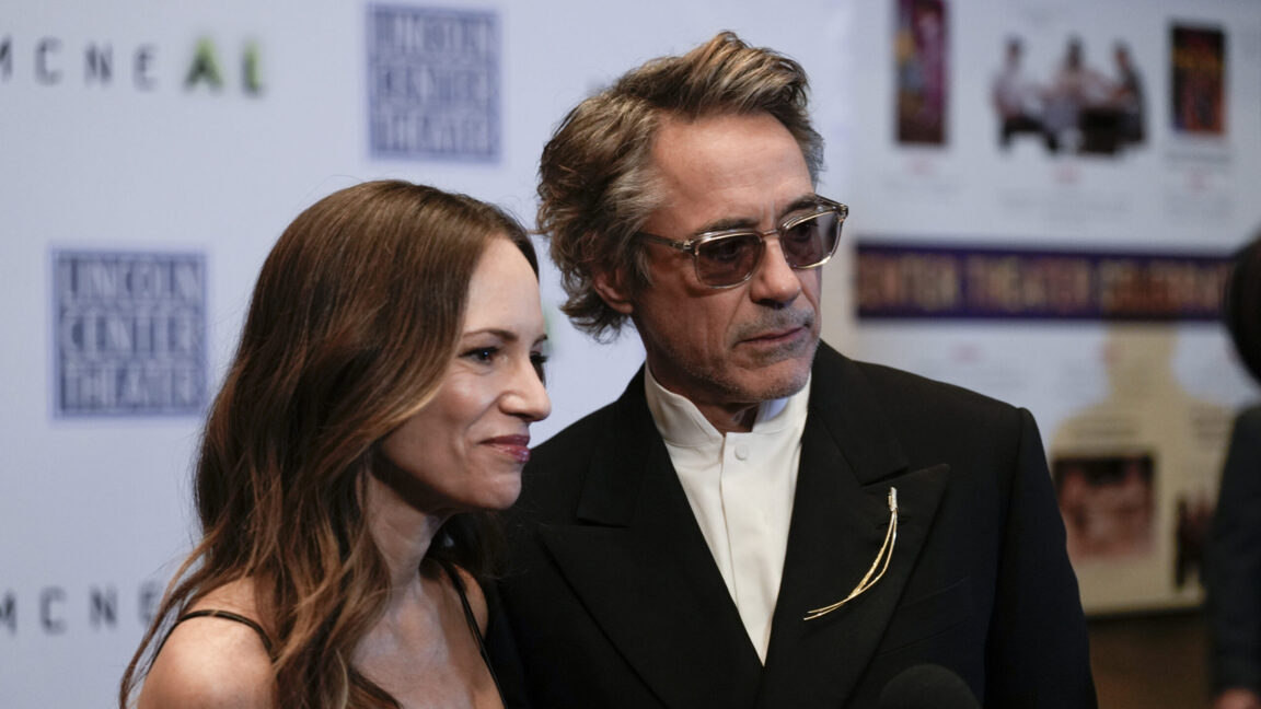 Susan Downey and Robert Downey Jr. attend "McNeal" opening night at Lincoln Center Theater starring Robert Downey Jr. on September 30, 2024 in New York City.