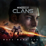 Cover art for MechWarrior 5: Clans, with a soldier's face superimposed on battling mechs in the foreground