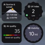 Widgets with weather data, including a UV index of 2, sunrise and sunset times, visibility distances, and air quality, displayed as rearrangeable widgets.