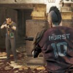 Two characters in a bombed-out room, one with a mohawk and leather shoulder pauldron, aiming guns at one another. The foreground character has "Hurst 10" jersey on.