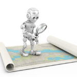 A 3D cartoon robot with a magnifying glass looking at a map.