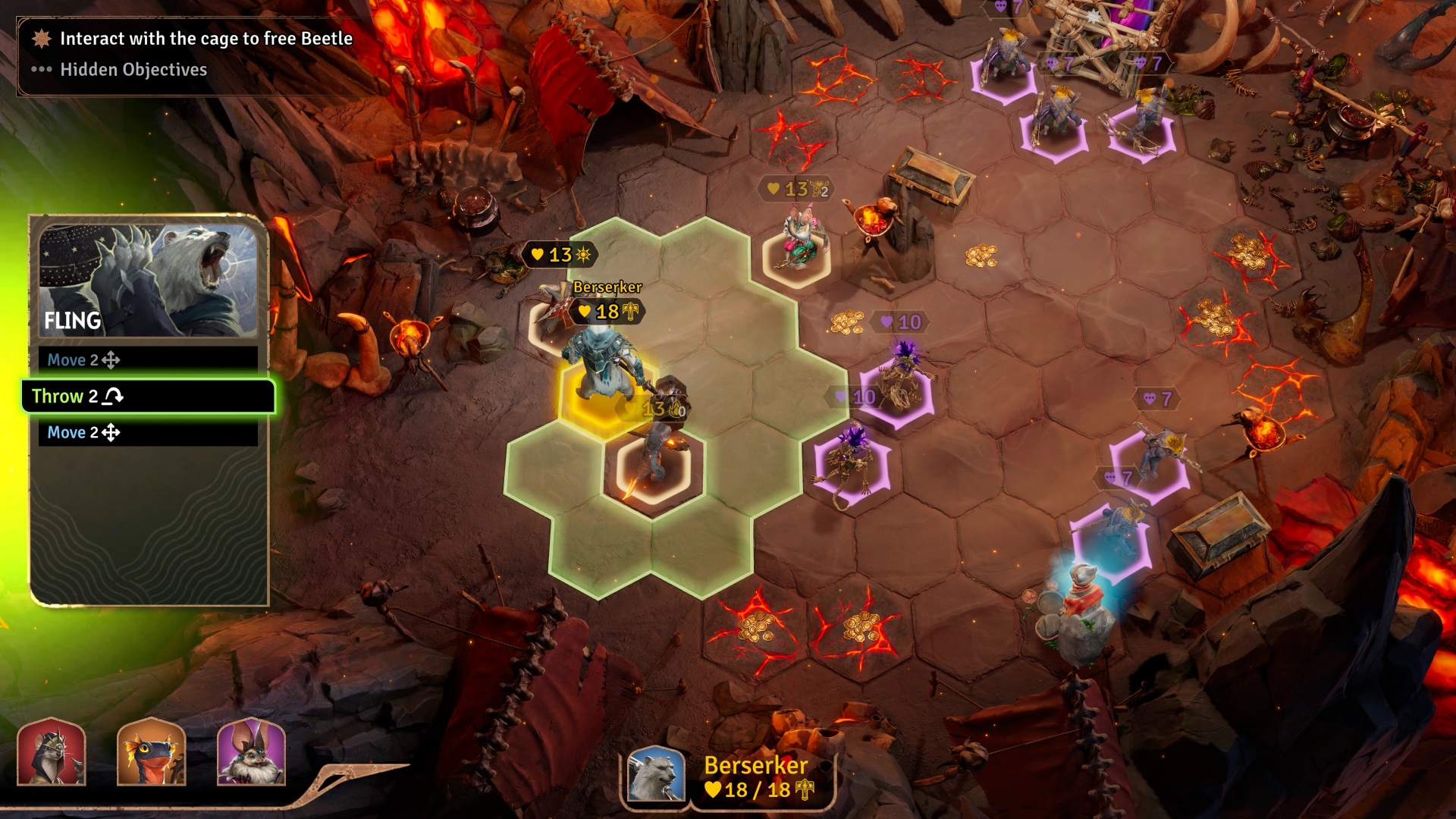 Players in Sunderfolk surrounded by spiders enemies, heading toward a cage containing a beetle in the upper-right corner.