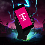 A hand holding a T-Mobile phone emerges from the ground in an illustration of a hellish landscape in which zombies appear to be rising from the dead