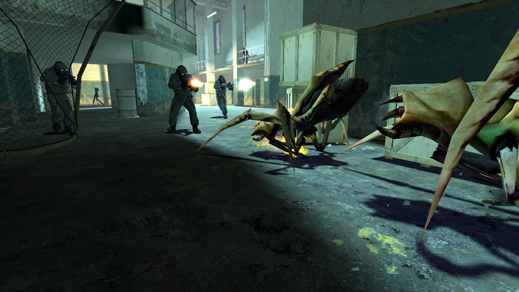 A screenshot of Combine soldiers fighting antlions in Nova Prospekt