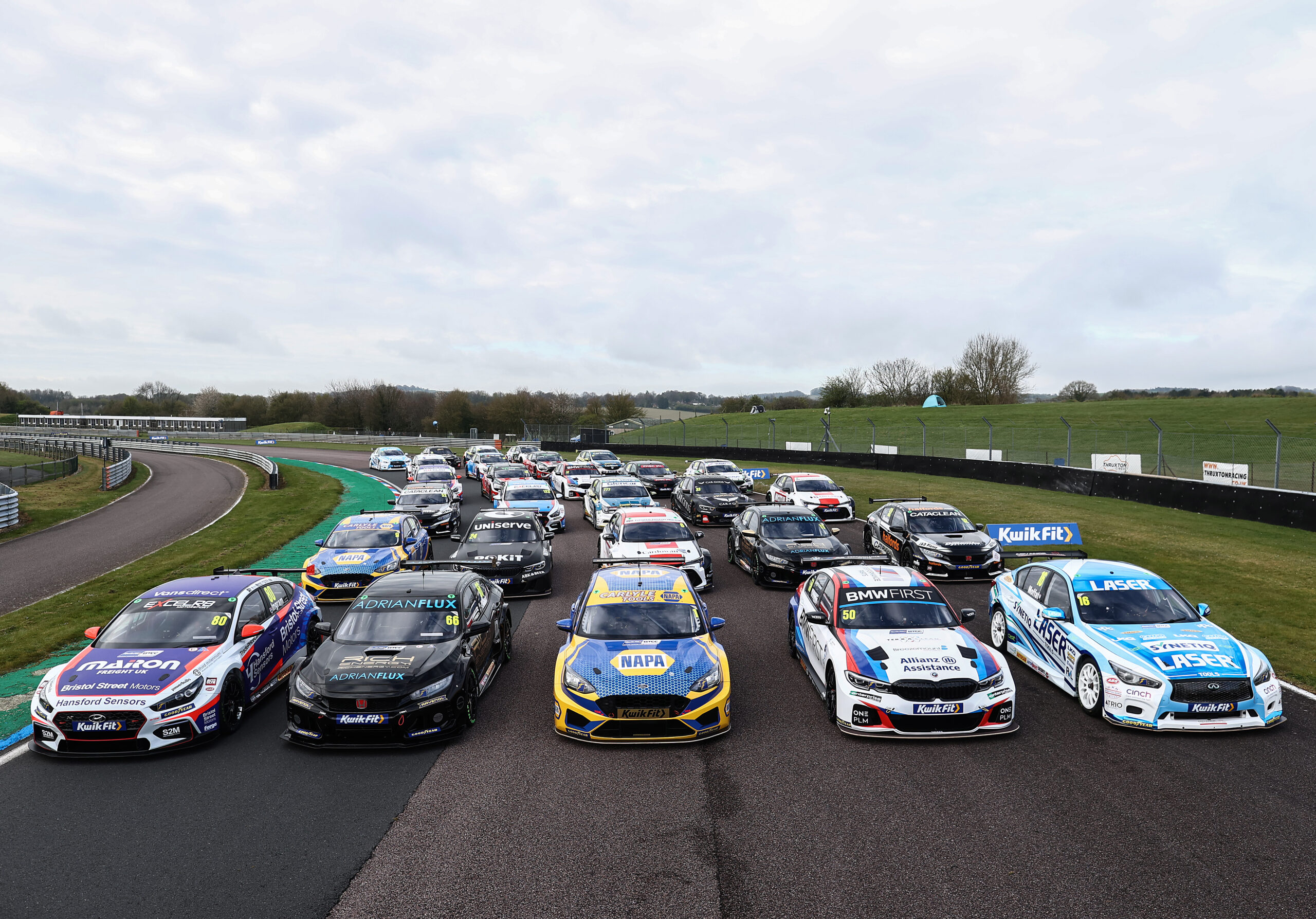 ANDOVER, ENGLAND - APRIL 13: Cars are lined up on the track during 2022 Kwik Fit British Touring Car Championship Season Launch at Thruxton Circuit on April 13, 2022 in Andover, England.